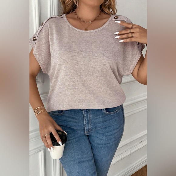 Plus Size Decorative Button Round Neck Short Sleeve T-Shirt - Picture 3 of 5